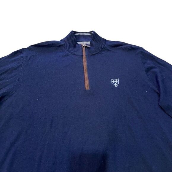 Johnnie O Sweater Mens Medium Blue Merino Wool Blend Quarter Zip Pullover Logo - Picture 3 of 9